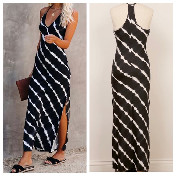 Black white Tie Dye side slit tank maxi dress - Picture 3 of 3